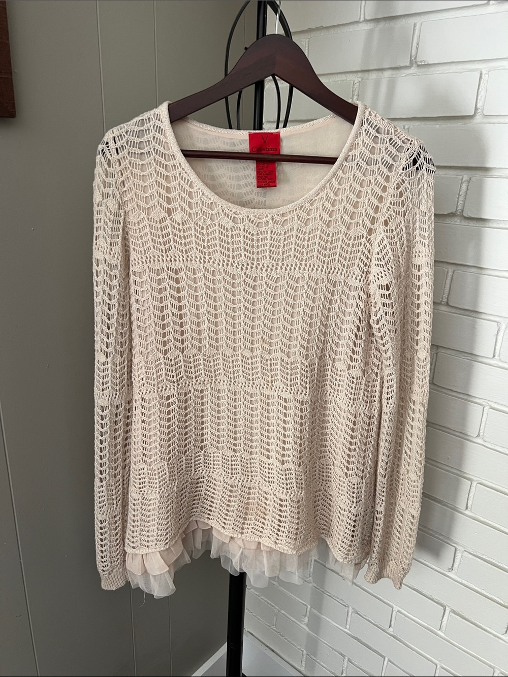 V Cristina Cream Crochet Knit Sweater with Tulle Hem